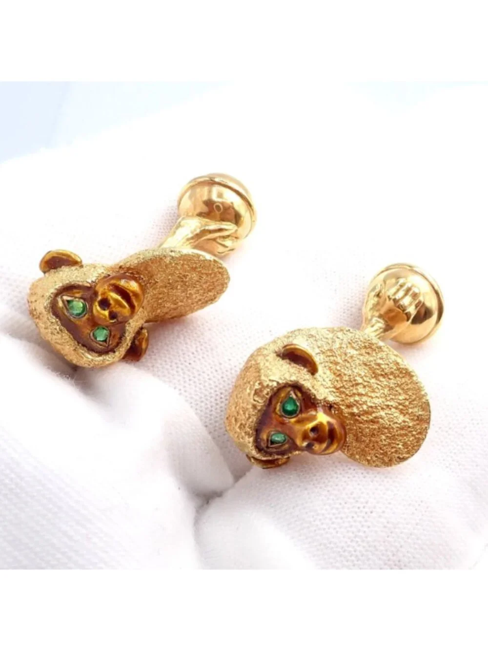 Vintage Tiffany & Co. 18k Yellow Gold Emerald Enamel Monkey Cufflinks 1991